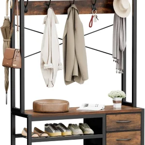 tangibletriumph 6-in-1 Hall Tree with Bench and 3 Drawers, 12 Hooks, 31.5 Inch, Rustic Brown