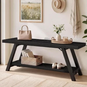 tangibletriumph Industrial Entryway Bench with Storage Shelf, 47 Inch, Black Oak