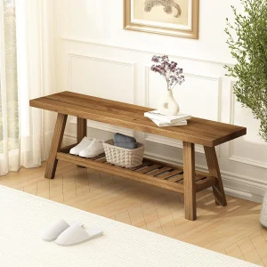 tangibletriumph Reclaimed Solid Wood Entryway Bench with Storage Shelf, 43.3 Inch, Natural Reclaimed Wood