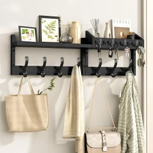 tangibletriumph Wall Mounted Coat Rack with Shelf, 7 Coat Hooks and 4 Key Hooks, 29 Inch, Black